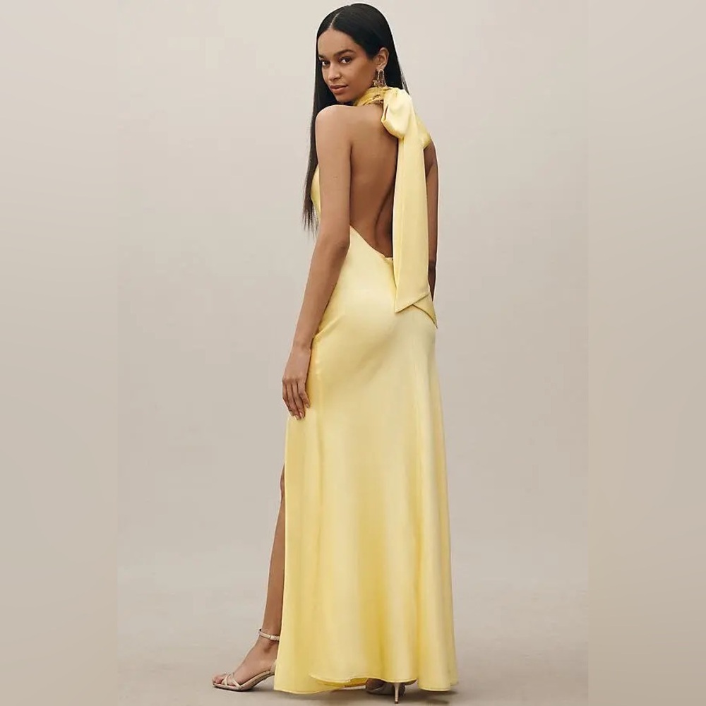 SAU LEE Penelope High-Neck Open-Back Satin Maxi Dress Yellow Halter Sz 6 595$ - Picture 5 of 16